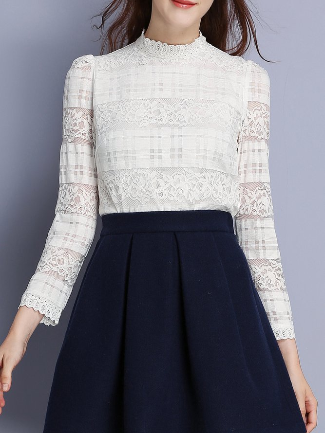 White Floral Ruffled Guipure Lace Long Sleeve Blouse stylewe